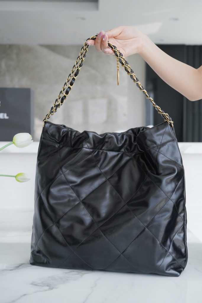 Chanel black leather tote shopping bag