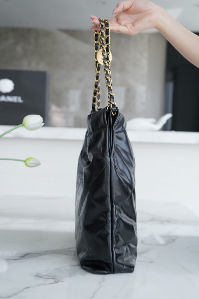 Chanel black leather tote shopping bag