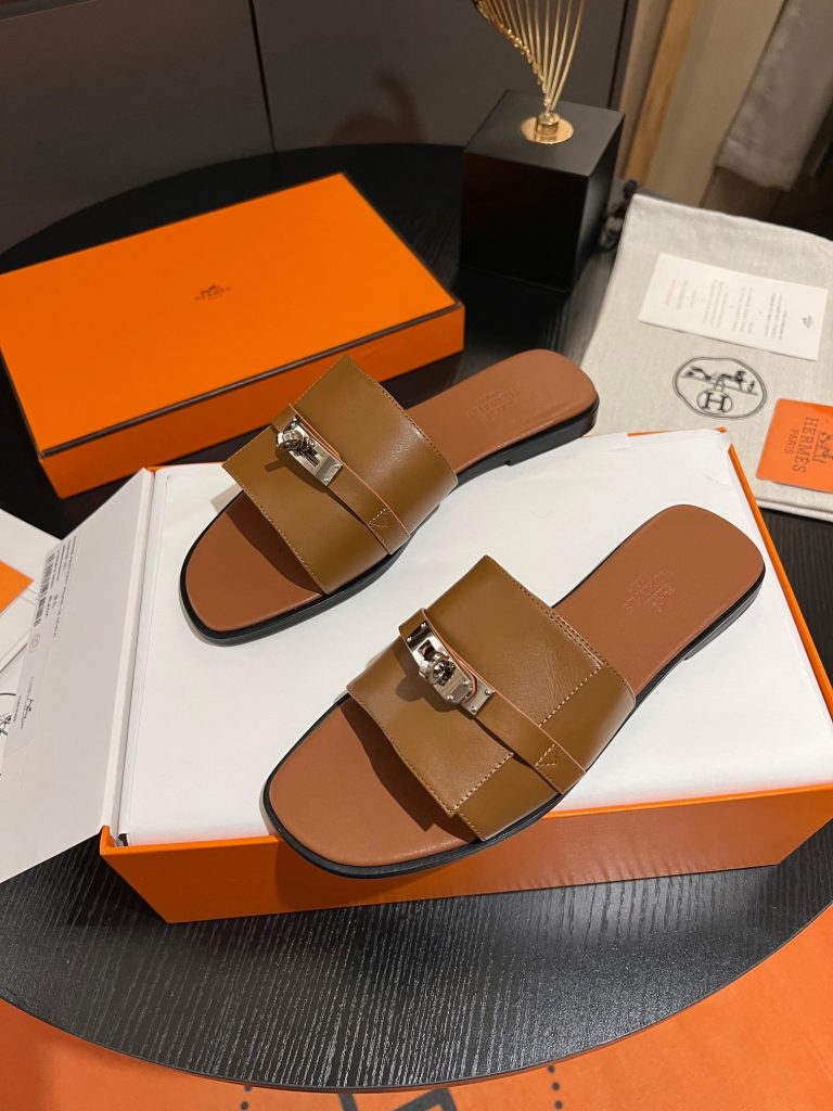 HERMES calfskin flat bottom one word fashion sandals for women