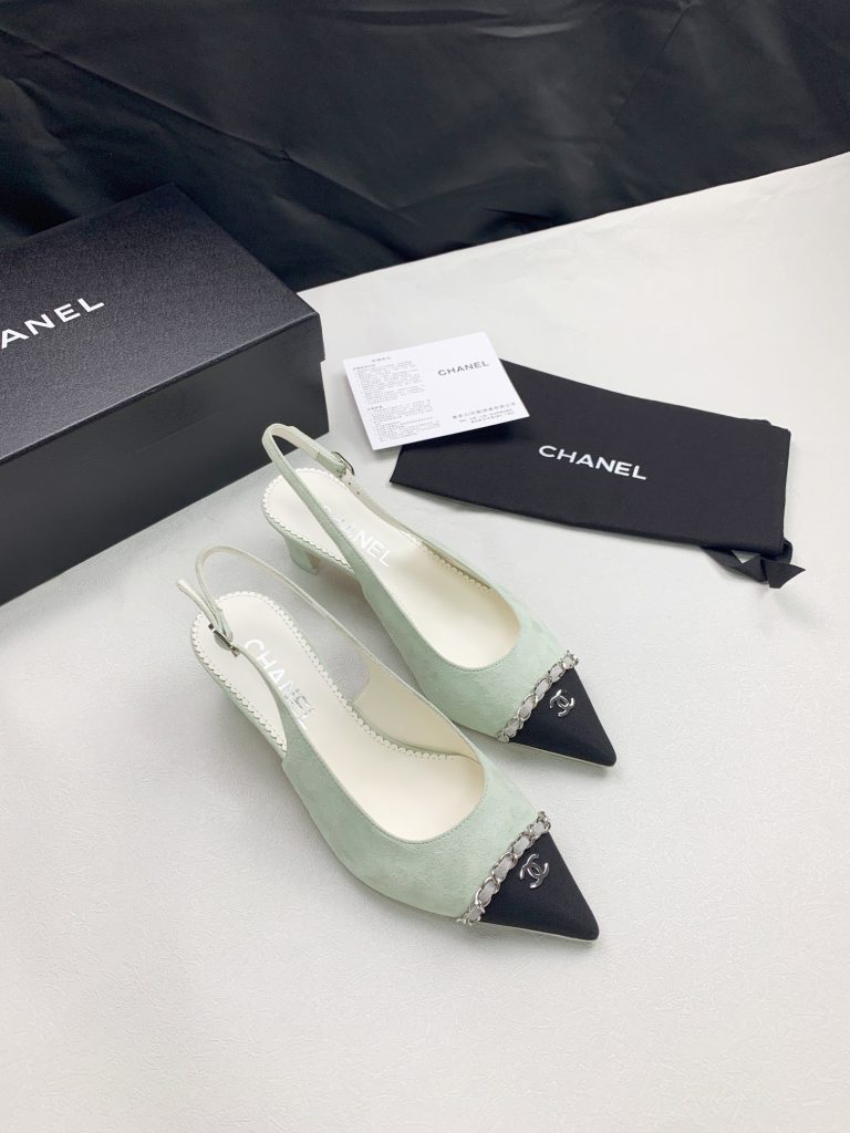 CHANEL leather fabric buckle pointed toe thick heel high heels for women