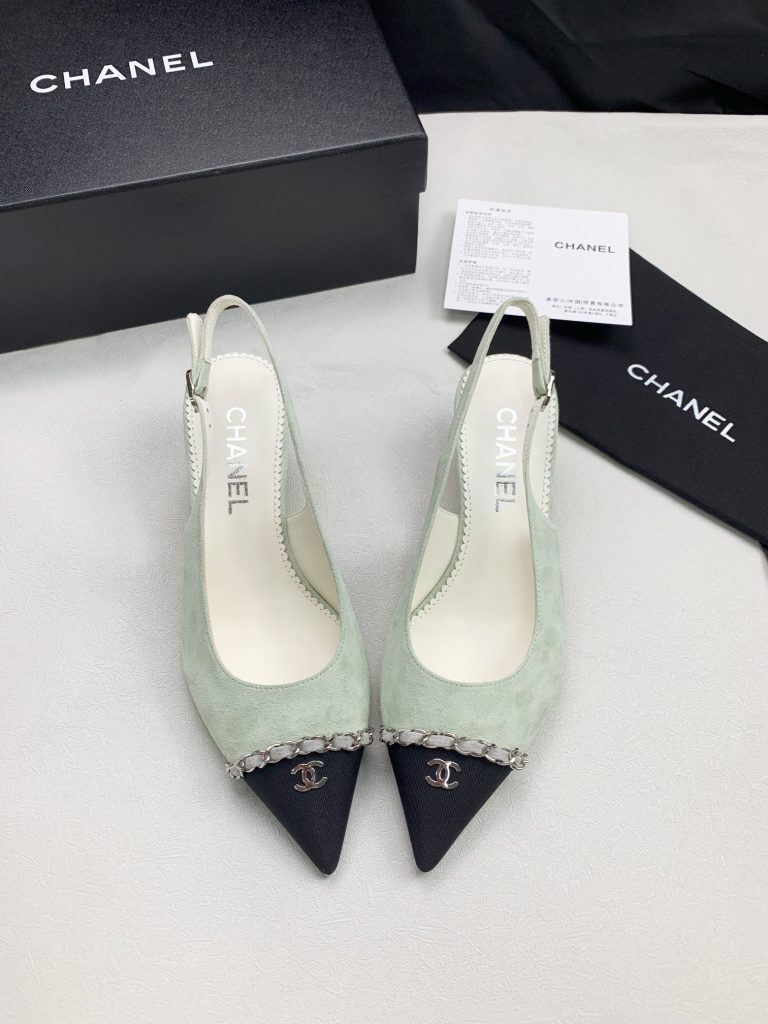 CHANEL leather fabric buckle pointed toe thick heel high heels for women