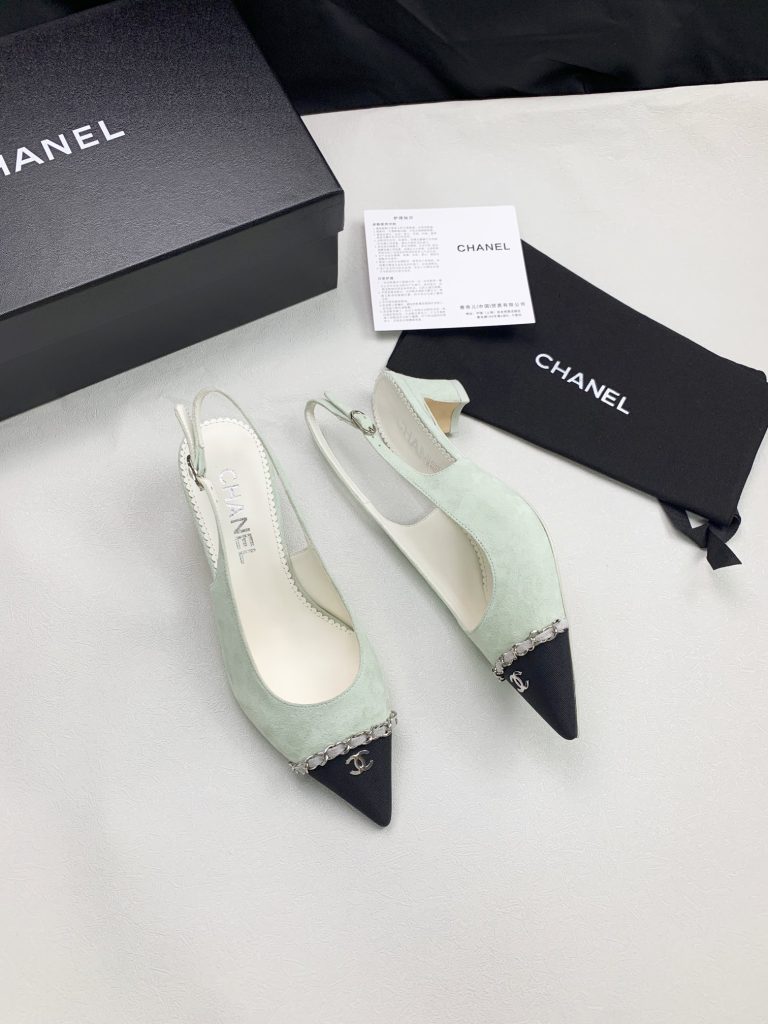 CHANEL leather fabric buckle pointed toe thick heel high heels for women