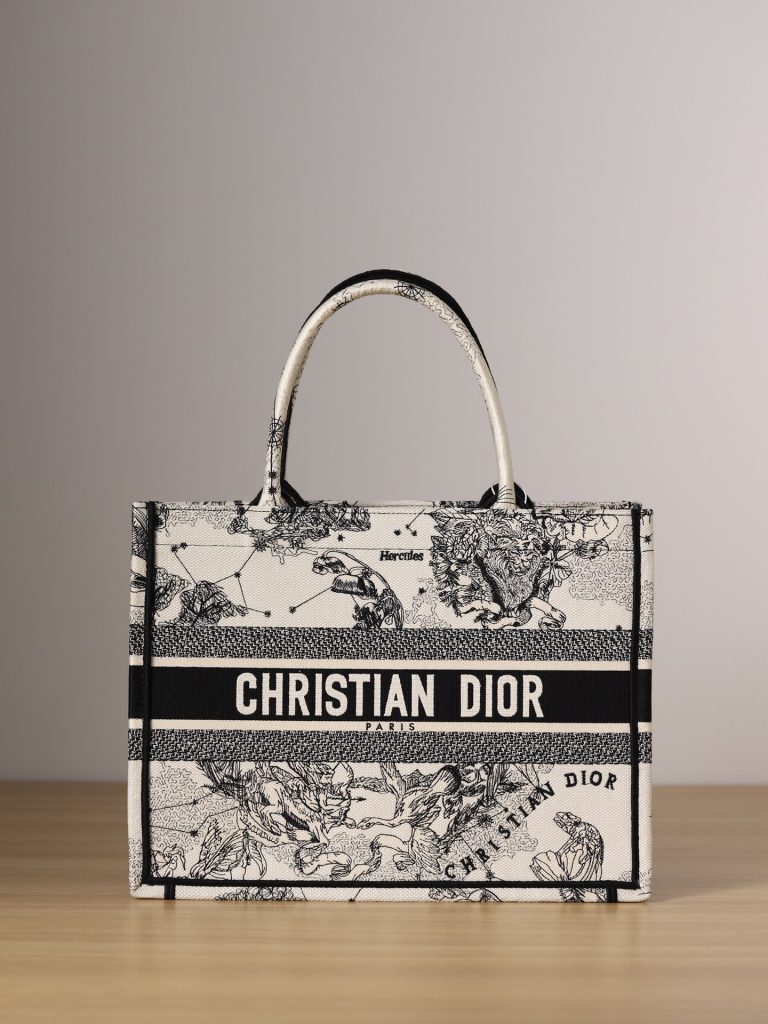 Dior BookTote Dior Zodiac Constellation Embroidery Print Large Capacity Tote Bag Tote Bag Shopping Bag One Shoulder Handbag Medium Women's Milk White Black