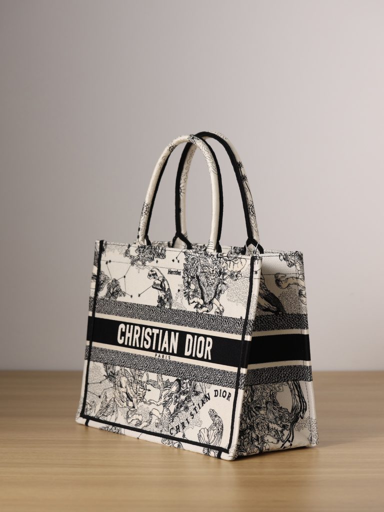 Dior BookTote Dior Zodiac Constellation Embroidery Print Large Capacity Tote Bag Tote Bag Shopping Bag One Shoulder Handbag Medium Women's Milk White Black