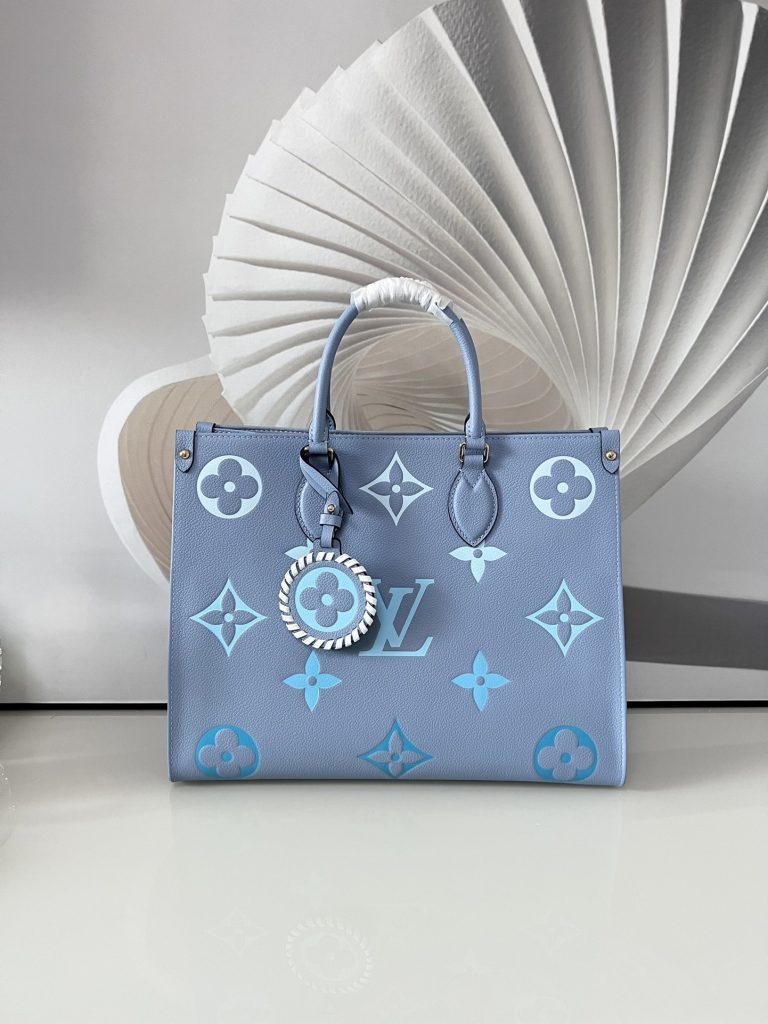 LOUIS VUITTON OnTheGo Tote Bag Calf Leather Handbag Gradient Aging Embossed Medium Women's Candy Summer Blue