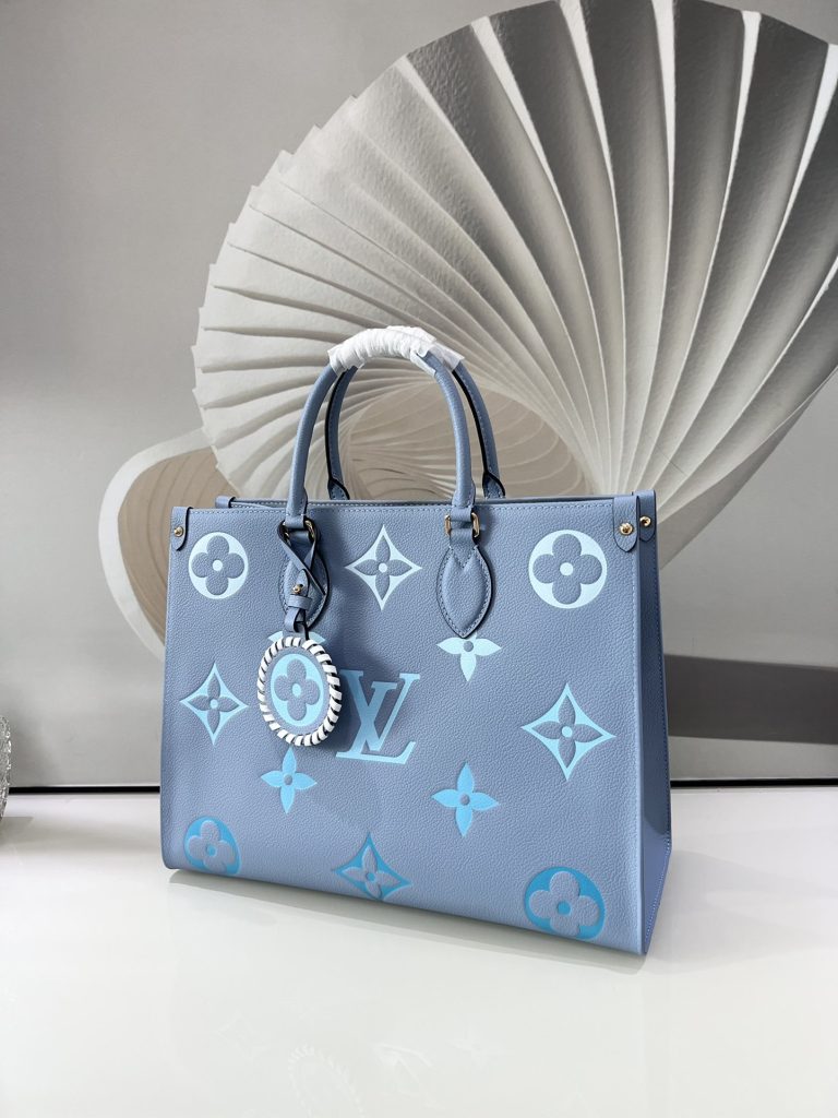 LOUIS VUITTON OnTheGo Tote Bag Calf Leather Handbag Gradient Aging Embossed Medium Women's Candy Summer Blue