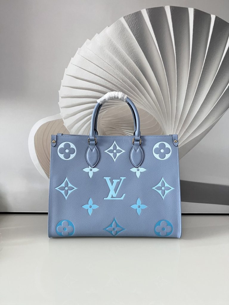 LOUIS VUITTON OnTheGo Tote Bag Calf Leather Handbag Gradient Aging Embossed Medium Women's Candy Summer Blue