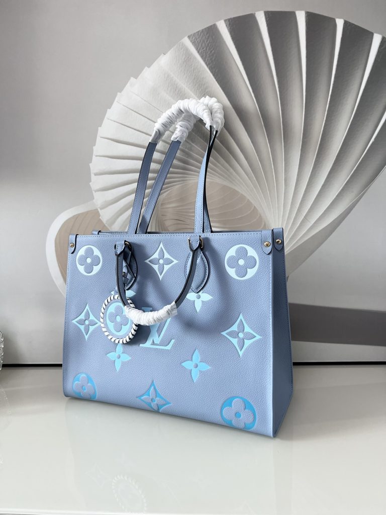 LOUIS VUITTON OnTheGo Tote Bag Calf Leather Handbag Gradient Aging Embossed Medium Women's Candy Summer Blue