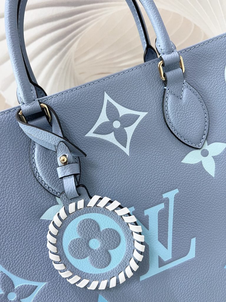 LOUIS VUITTON OnTheGo Tote Bag Calf Leather Handbag Gradient Aging Embossed Medium Women's Candy Summer Blue