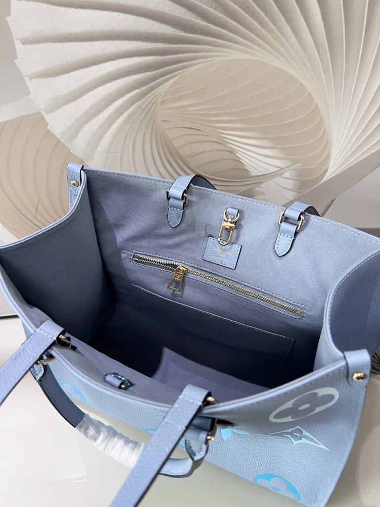 LOUIS VUITTON OnTheGo Tote Bag Calf Leather Handbag Gradient Aging Embossed Medium Women's Candy Summer Blue