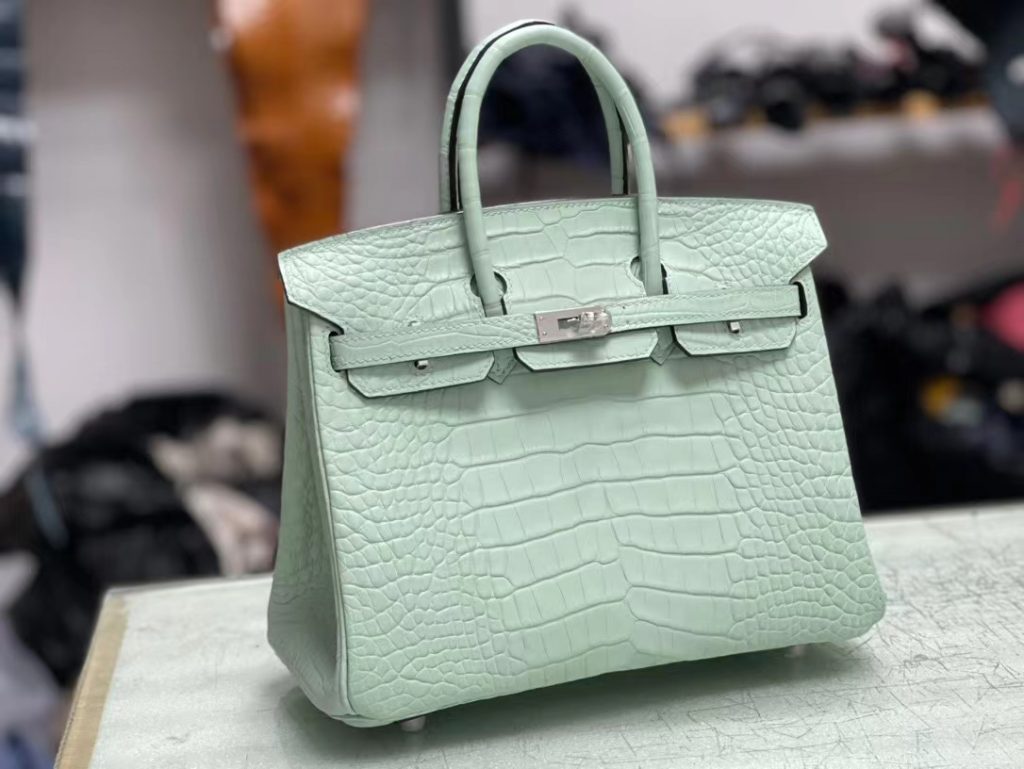 HERMES Hermès Birkin 25 Platinum Bag Crocodile Silver Buckle Handbag for Women 6U Vert D'Eau Aqua