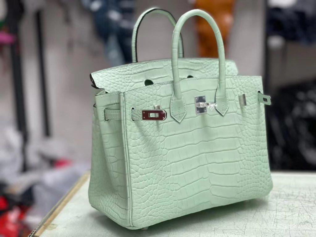 HERMES Hermès Birkin 25 Platinum Bag Crocodile Silver Buckle Handbag for Women 6U Vert D'Eau Aqua