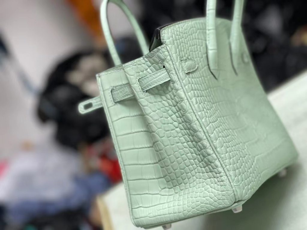 HERMES Hermès Birkin 25 Platinum Bag Crocodile Silver Buckle Handbag for Women 6U Vert D'Eau Aqua