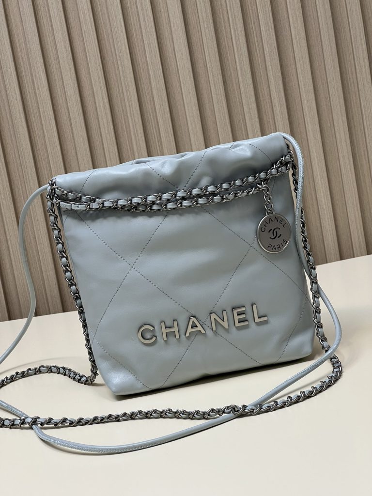 CHANEL Chanel 22Bag 23A drawstring closure chain shiny calfskin bucket bag shoulder crossbody bag mini female models milk blue baby blue