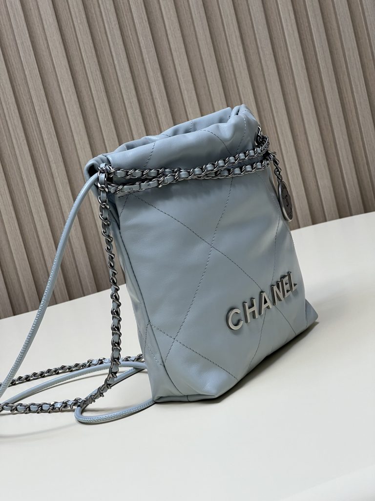 CHANEL Chanel 22Bag 23A drawstring closure chain shiny calfskin bucket bag shoulder crossbody bag mini female models milk blue baby blue