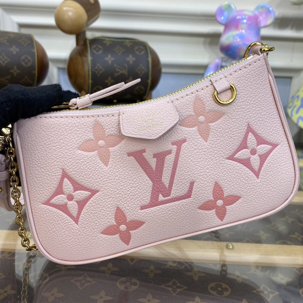 LOUIS VUITTON Easy Pouch Summer Exclusive Old Flower Embossed Cow Leather Metal Chain One Shoulder Handbag Regular Women's Gradient Cherry Blossom Pink