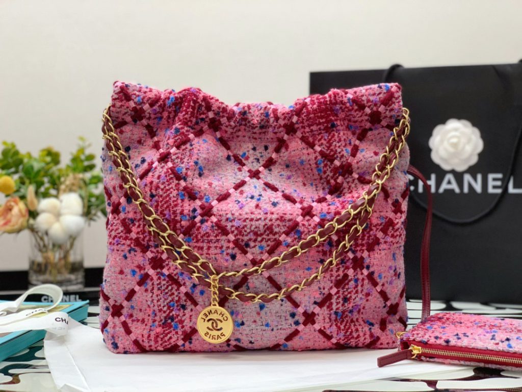 CHANEL Chanel 22K autumn and winter 22Bag classic letter Logo diamond check pattern large capacity tweed tote bag Tote bag shopping bag handbag shoulder bag women pink