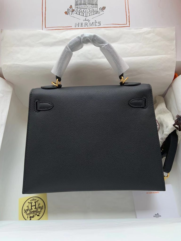 HERMES Hermès Kelly 28 gold button outer seam Epsom cowhide Kelly bag handbag for women Noir black