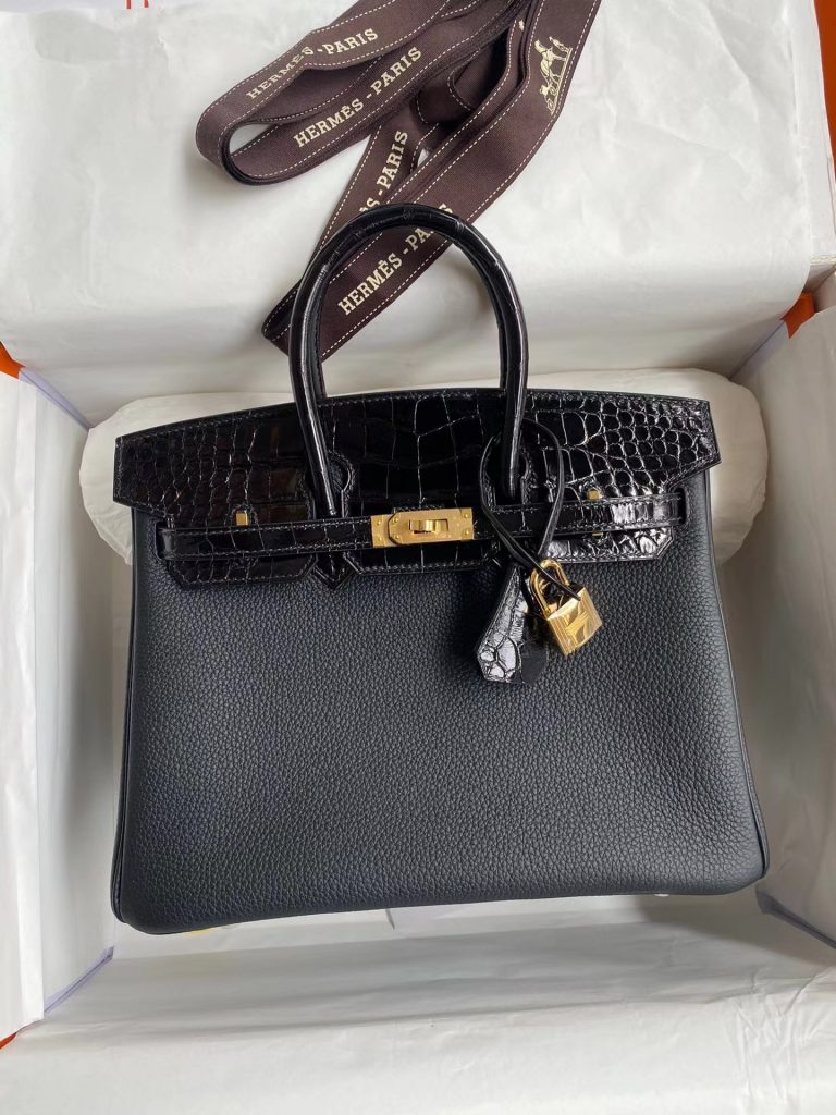 HERMES Hermès Birkin series 30 gold button alligator skin TN cowhide platinum bag handbag women's Noir black