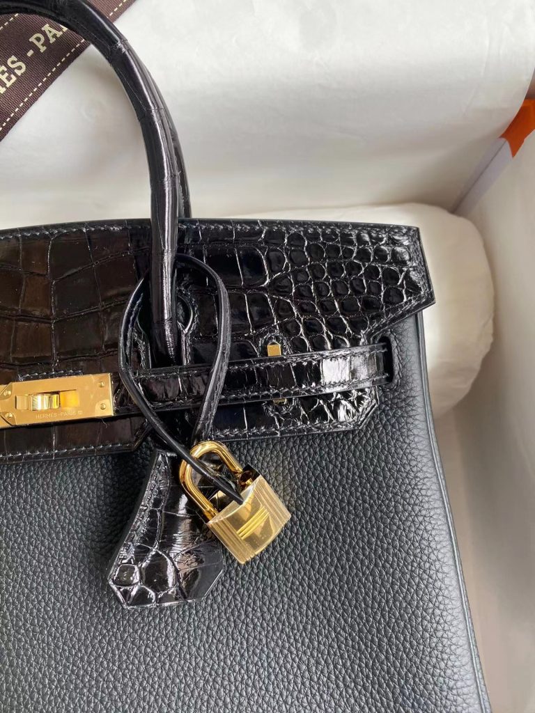 HERMES Hermès Birkin series 30 gold button alligator skin TN cowhide platinum bag handbag women's Noir black