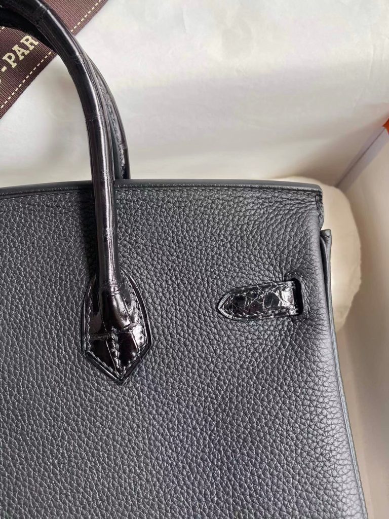 HERMES Hermès Birkin series 30 gold button alligator skin TN cowhide platinum bag handbag women's Noir black