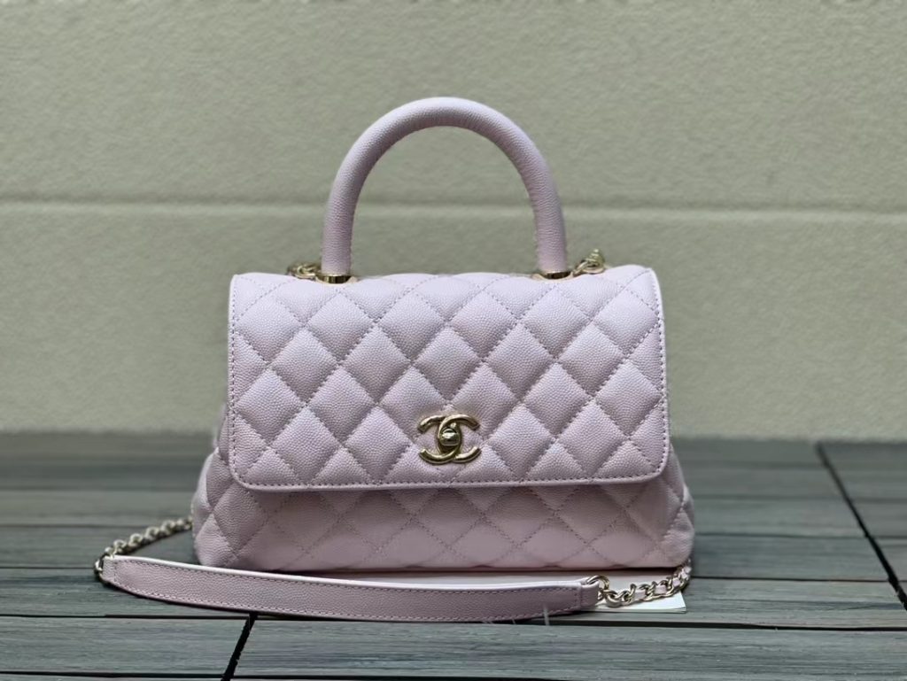 CHANEL Chanel CocO handle gold buckle handle chain embossed calfskin mouth flap bag shoulder handbag small size female models light purple